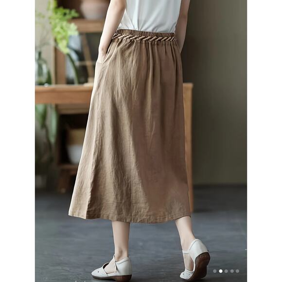 Khaki Tan Midi Skirt Elastic Waist Button Detail Pockets Capsule Wardrobe Staple - Picture 2 of 5